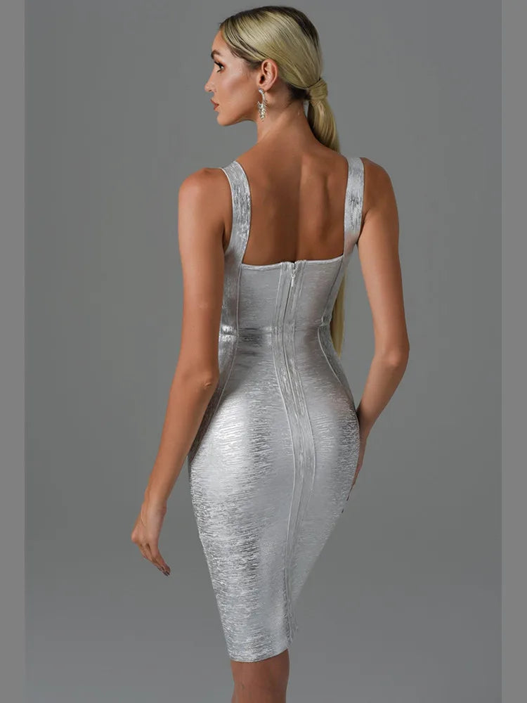 Women Summer Style Sexy Sleeveless Backless Gold Silver Bronzing Midi Bodycon Bandage Dress 2022 Elegant Evening Party Dress