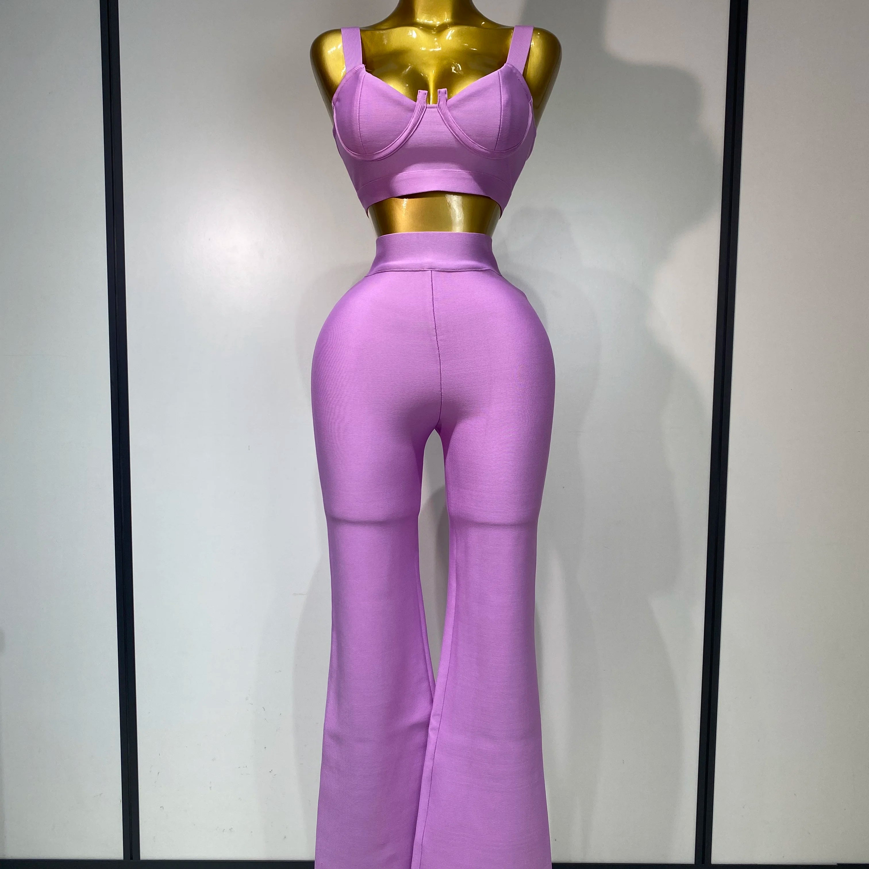 Women Sexy Bandage Crop Top Pant Set Evening Party Club Luxury Birthday High Street Fashion Elegant Luxury Birthday Outfit ﻿ Fuchsia