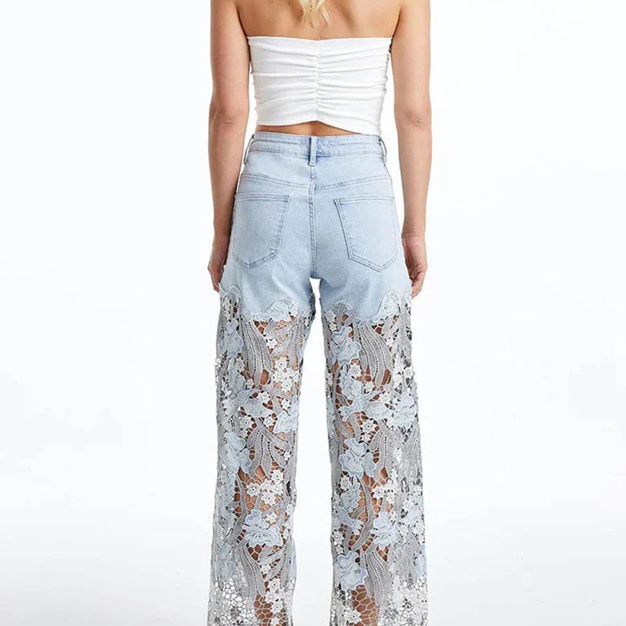 Solid Loose Spliced Hollow Out Fashion Jeans for Women High Waist Patchwork Applique Wide Leg Pants Female Clothing