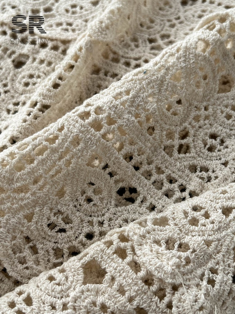 SINGREINY Loose Knit Long Dress Women V Neck Solid Hollow Out Design Retro Fashion 2024 Ladies Y2K Casual Summer Beach Dresses