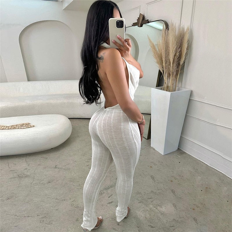 Sexy Low Collar Hanging Neck Sleeveless Slim Fit High Waist Jumpsuits Women Summer 2024 Casual Backless Solid Crumpled Overalls