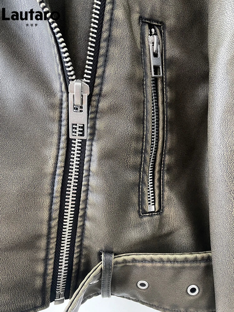 Lautaro-Women's Short Loose PU Leather Biker Jacket, Zipper , Retro Female Streetwear, European Fashion, Cool, Spring, Autumn,