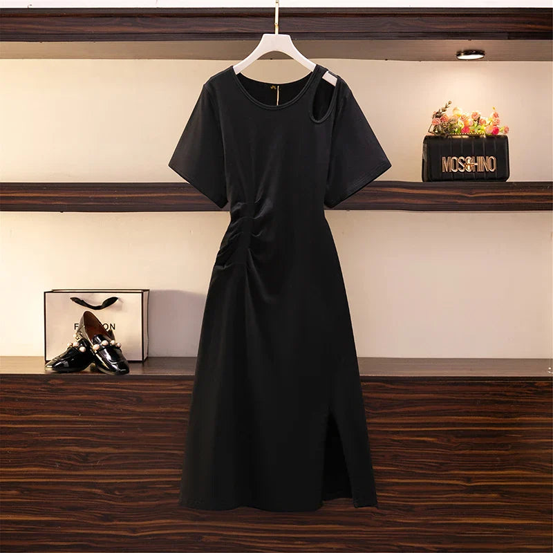 Plus-size women's summer casual cotton dress shoulder hollowed-out slit hem design elegant sexy solid color long dress black