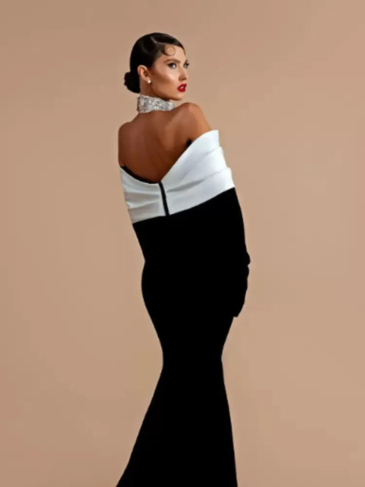 Sexy Off The Shoulder Luxury Diamonds White Patchwork Black Long Bandage Dress Elegant Woman Party Dress Wedding Party Vestido