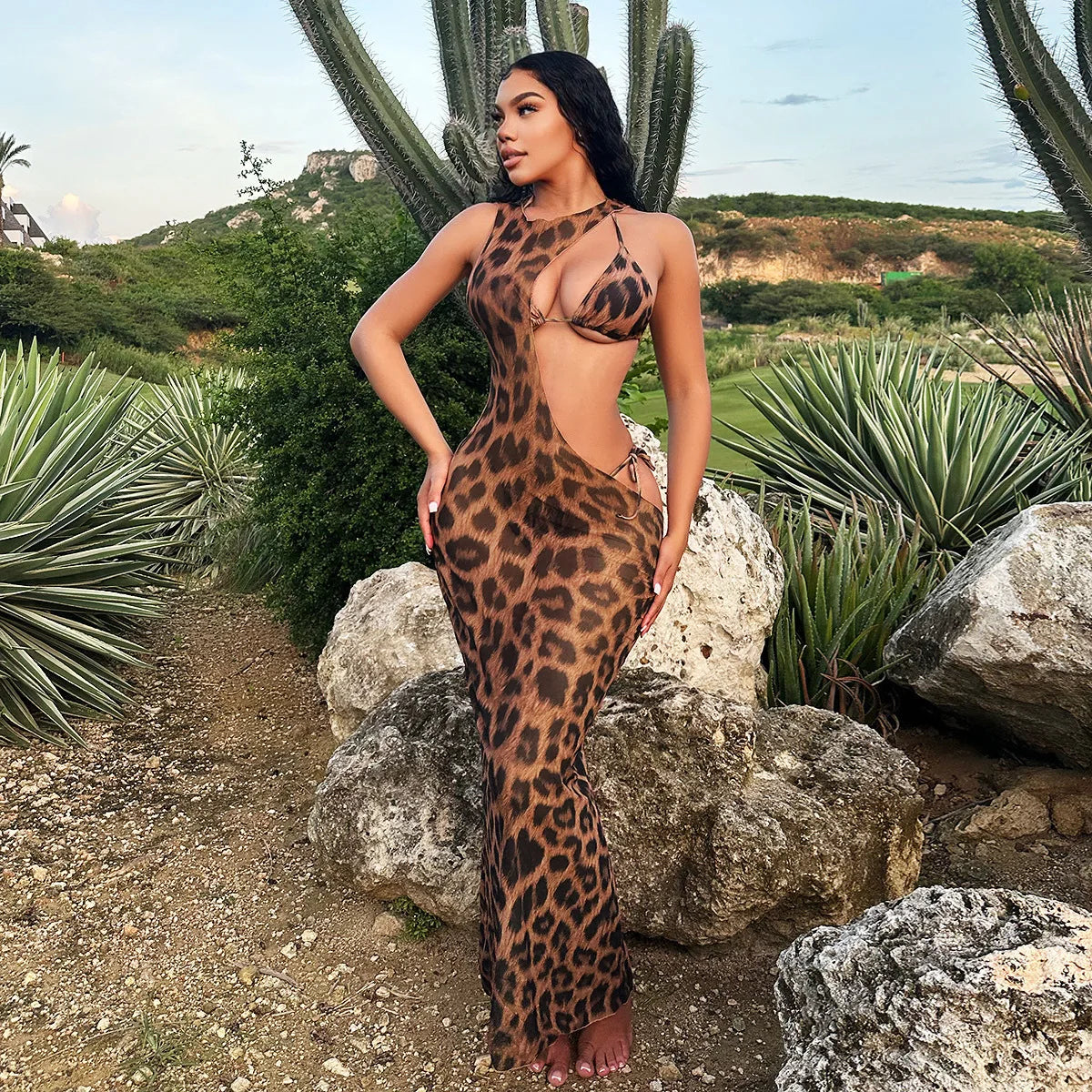 Women Beach Bikini Set with Cutout Leopard Printed Sexy Long Bodycon Swimsuit Three 2 Piece Set Swimwear Bathing Suit Chocolate
