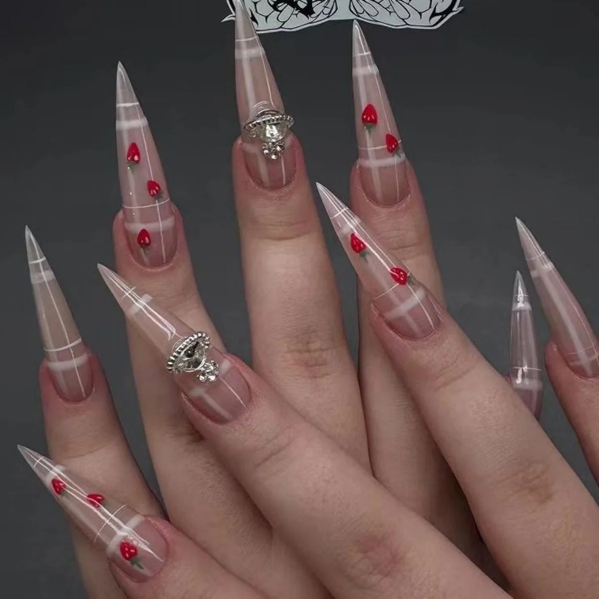 24Pcs Fashion Stiletto Press on Fake Nails with Rhinestone Y2k Almond False Nails Set Strawberry Design Full Cover Manicure Tips 103