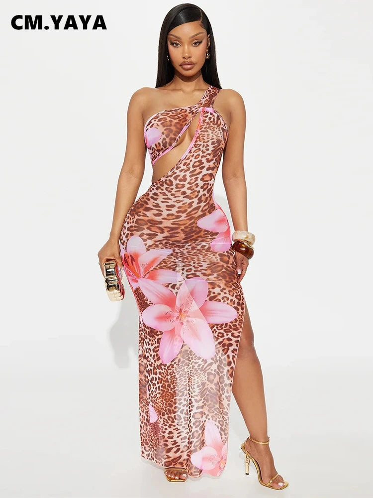 Women Floral Leopsrd Printed Sleeveless High Side Split Long Maxi Dress 2025 Skew Collar Sexy Birthday Party Dresses