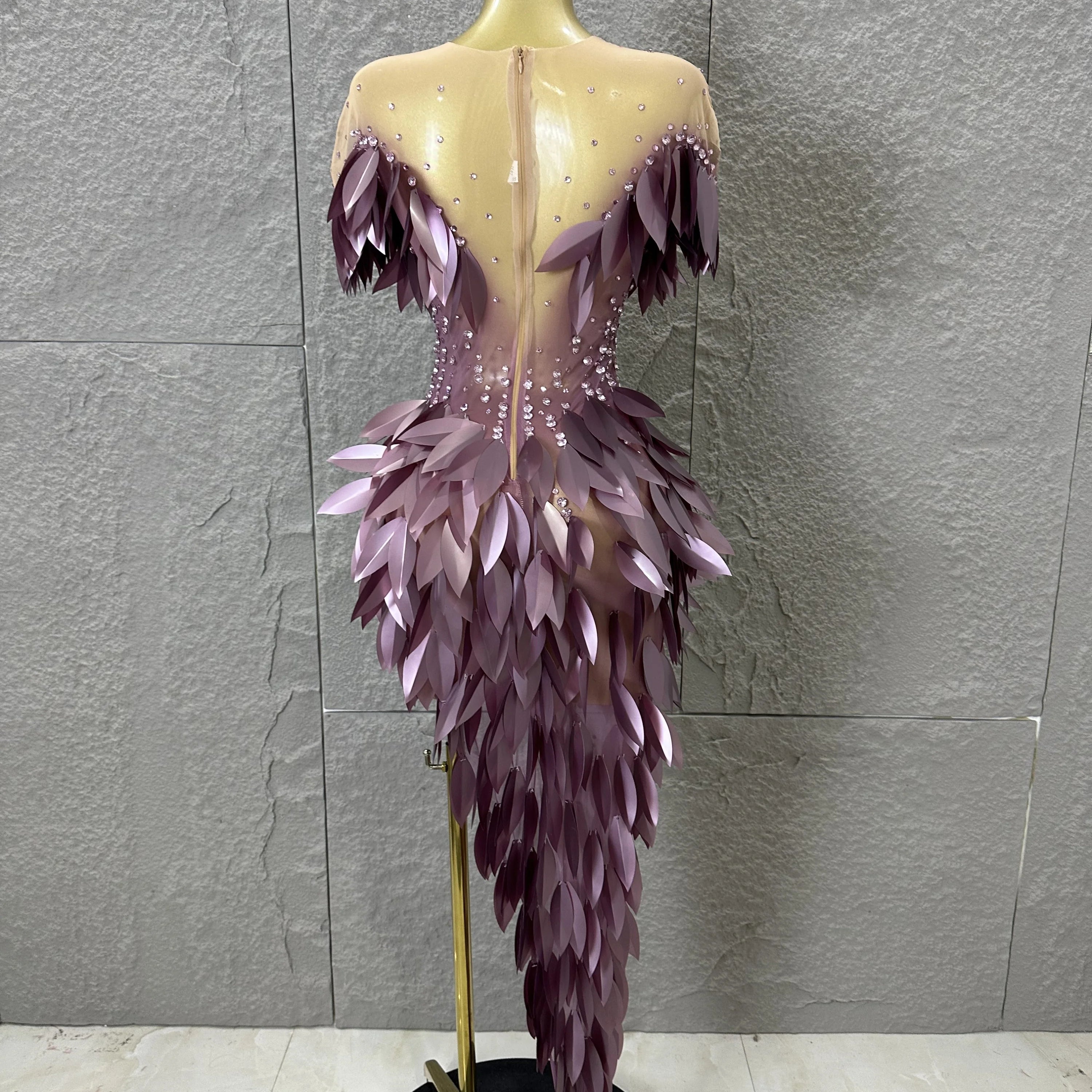 Sparkly 2026 Purple Sheer Mesh Dress Women Sexy Illusion Neck Rhinestone 3D Leaf Fringe Bodycon Evening Gala Nightclub Outfit