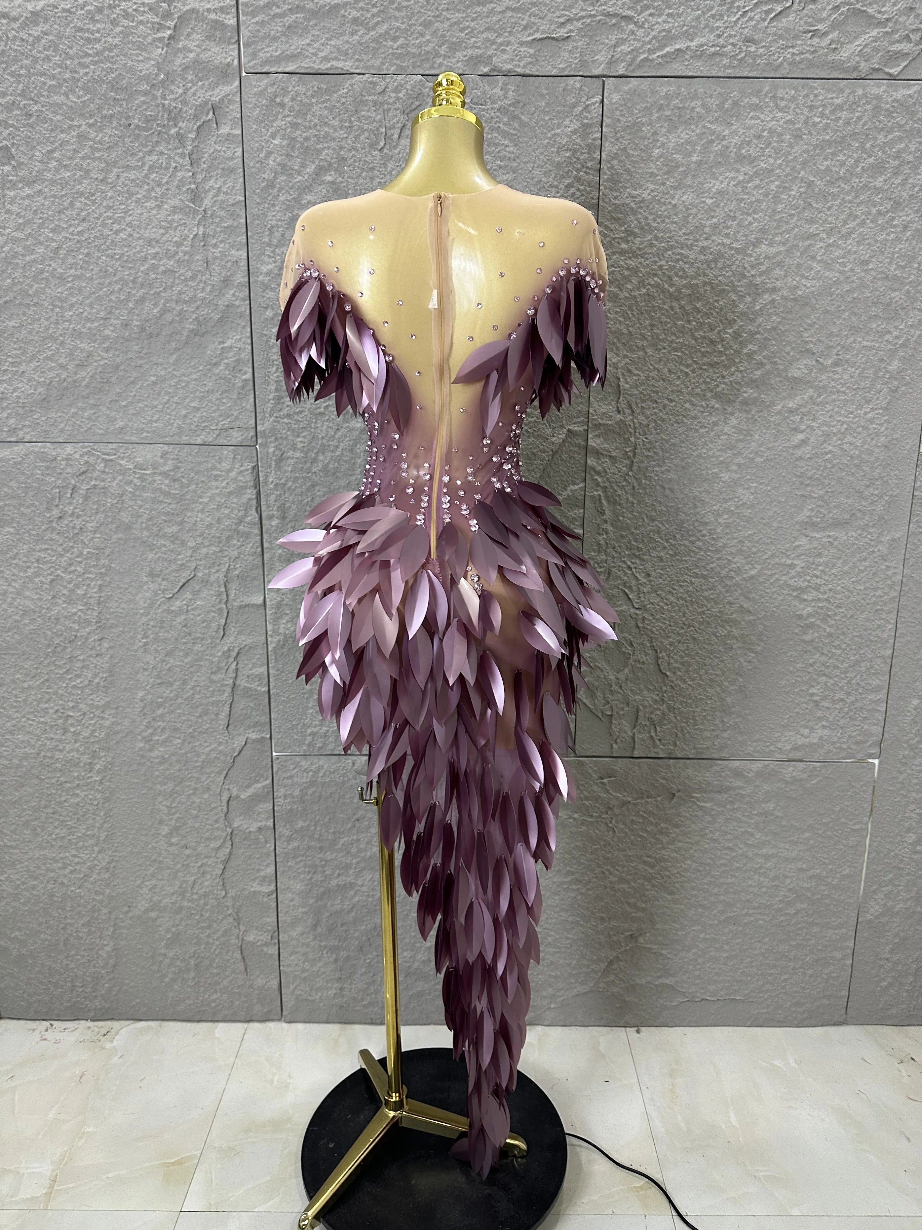 Sparkly 2026 Purple Sheer Mesh Dress Women Sexy Illusion Neck Rhinestone 3D Leaf Fringe Bodycon Evening Gala Nightclub Outfit