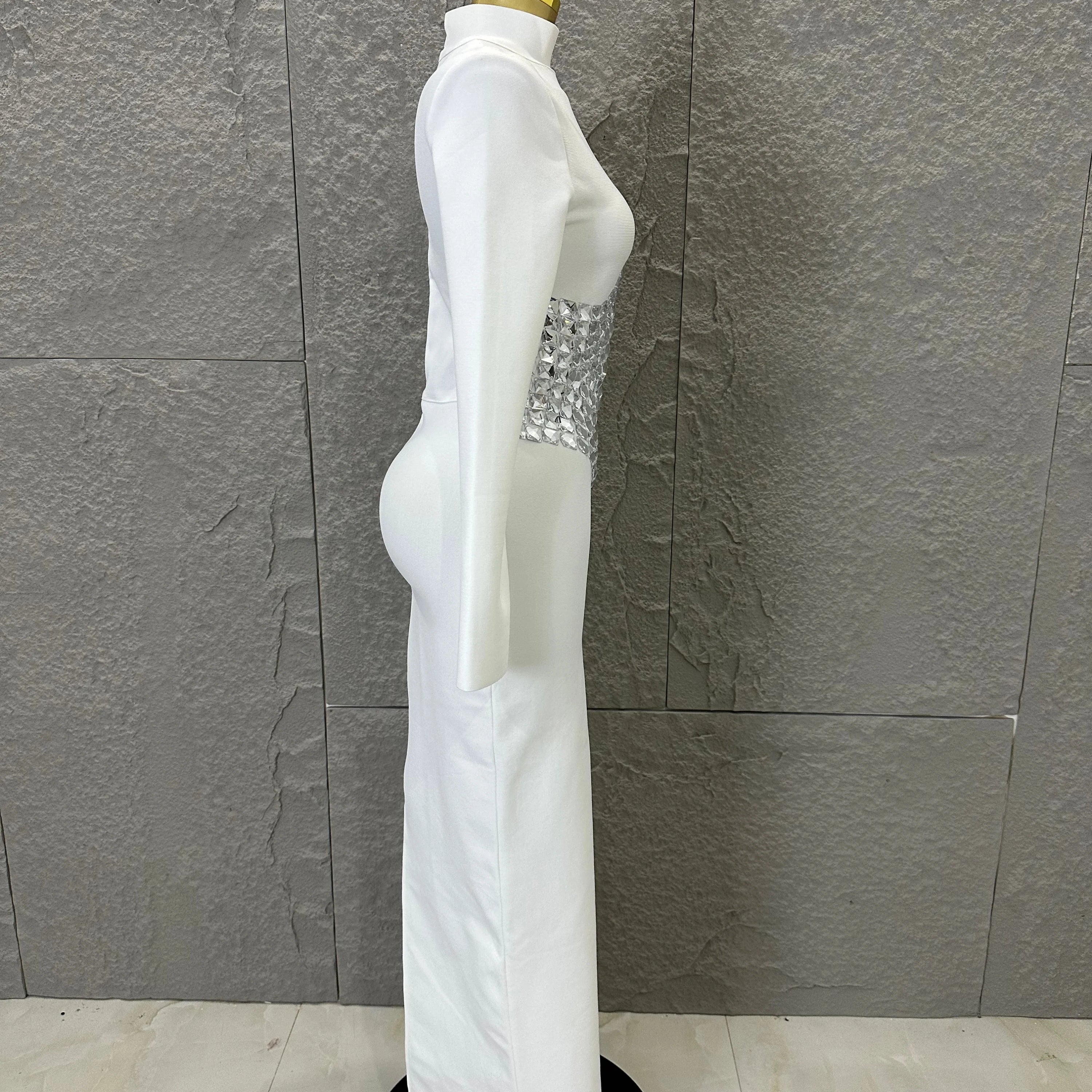 2026 White High Neck Maxi Dress Women Sexy Long Sleeve Full Crystal Waist Embellished Form-Fitting Outfit Cocktail Party Costume