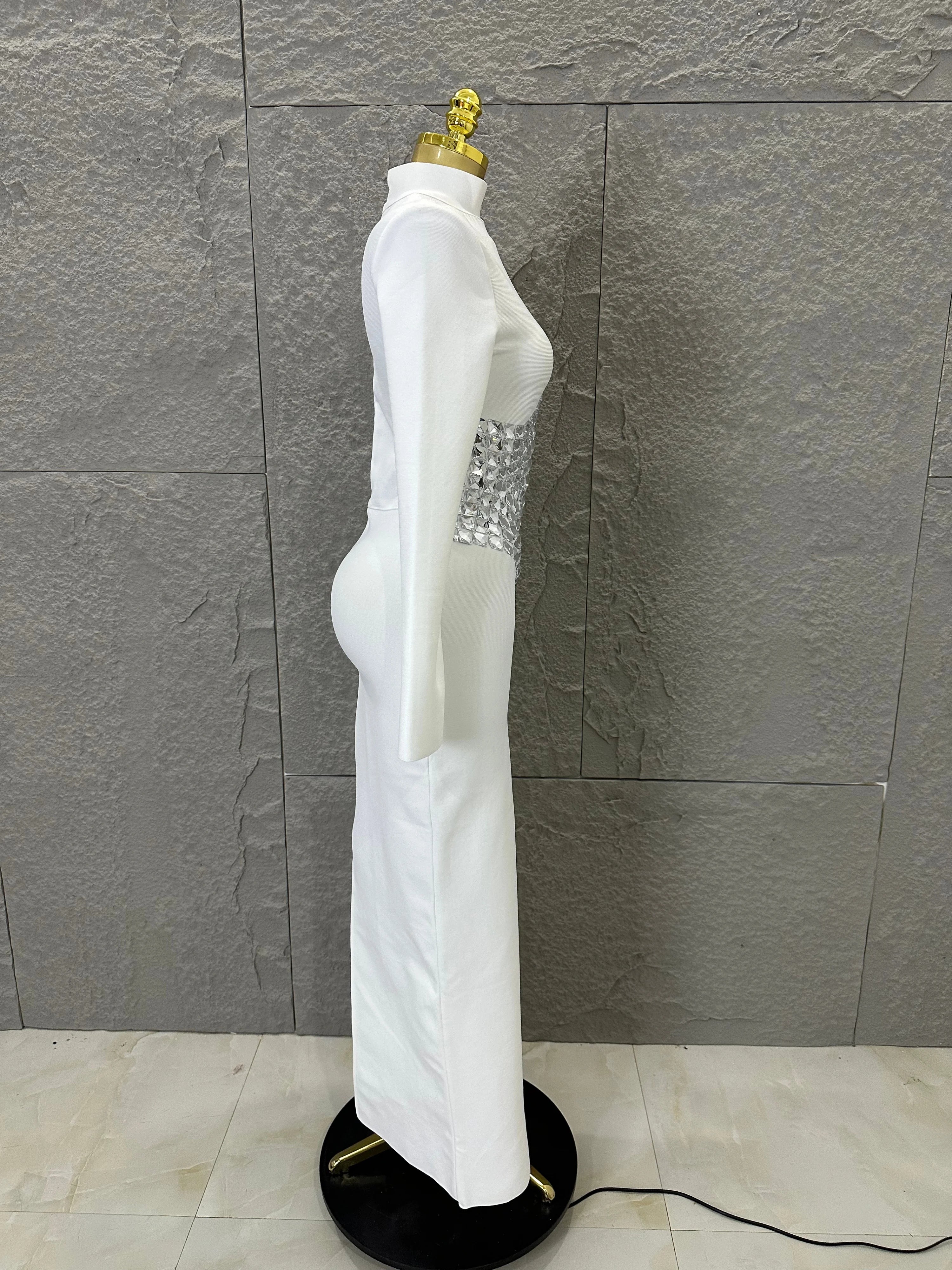 2026 White High Neck Maxi Dress Women Sexy Long Sleeve Full Crystal Waist Embellished Form-Fitting Outfit Cocktail Party Costume