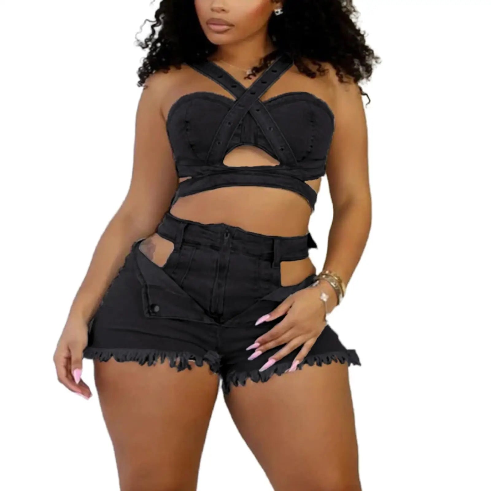 CM.YAYA Sexy Holiday Denim Women's Set Halter Neck Crop Tops and Ripped Out Shorts Jeans 2025 Summer Two 2 Piece Sets Outfit black