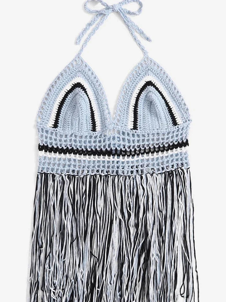 Crochet Hollow Out Tassel Beach Cover Up Sexy Women Mini Tops Beachwear Bikini Swimwear Bathing Suit Cover Up Light Blue One Size