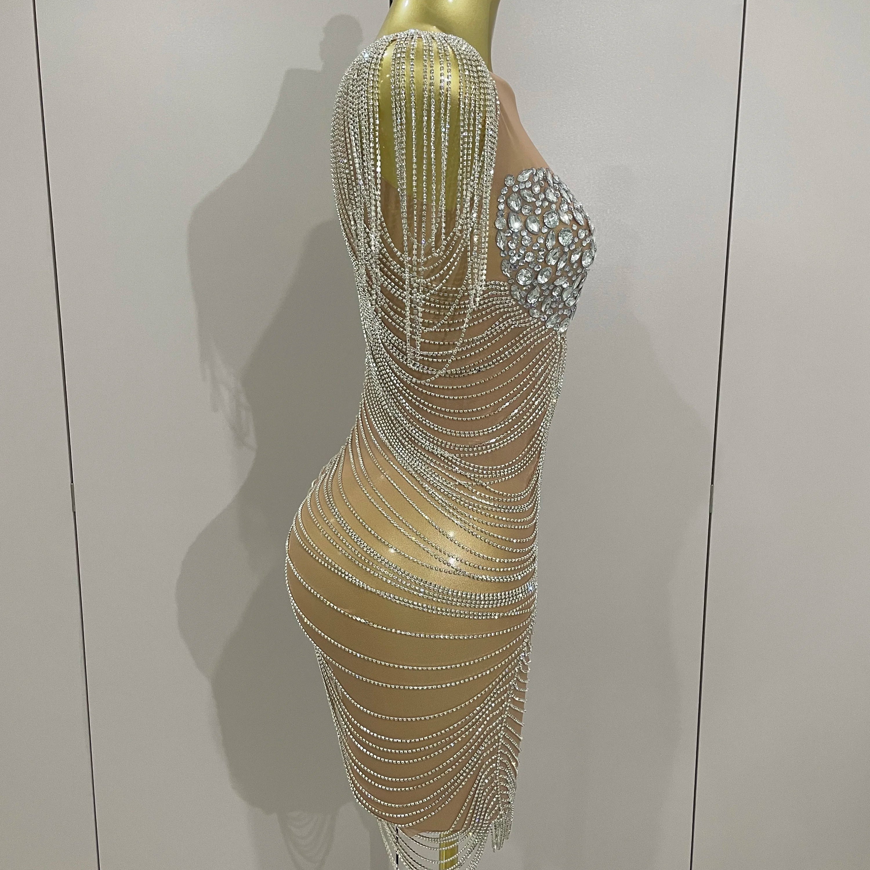 2025 New Sparkly Diamonds Crystal Sexy Mesh See Through Mini Dress Women Birthday Party Club Celebrate Stage Performance Costume