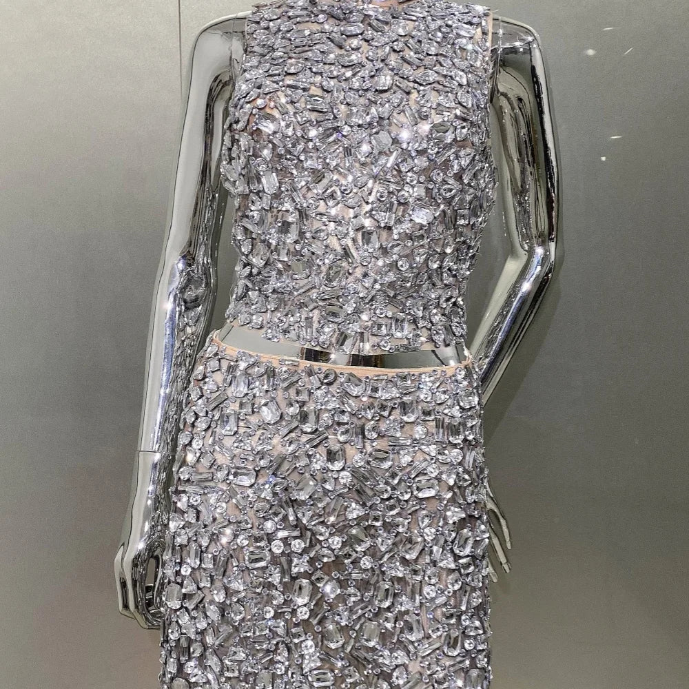 Sparkling Diamonds Sexy See Through Blackless Tank Top And Skirt 2 Pieces Woman Set Birthday Party Vestido