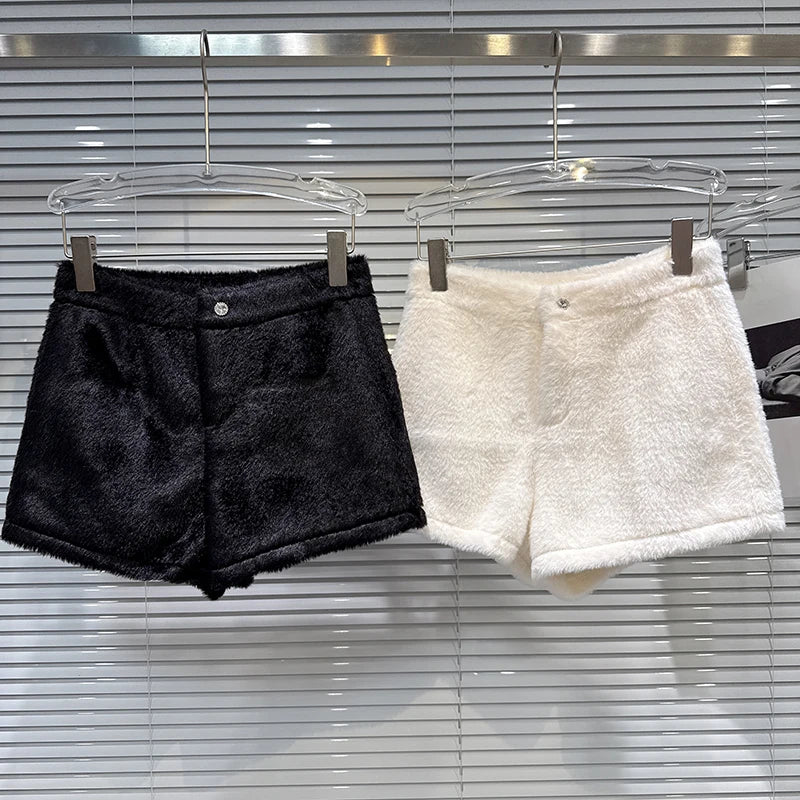 Winter New Elegant Fashion Rhinestone Buckle Faux Mink Fur Thickened Shorts For Women Solid Color Boot Pants 11A07520