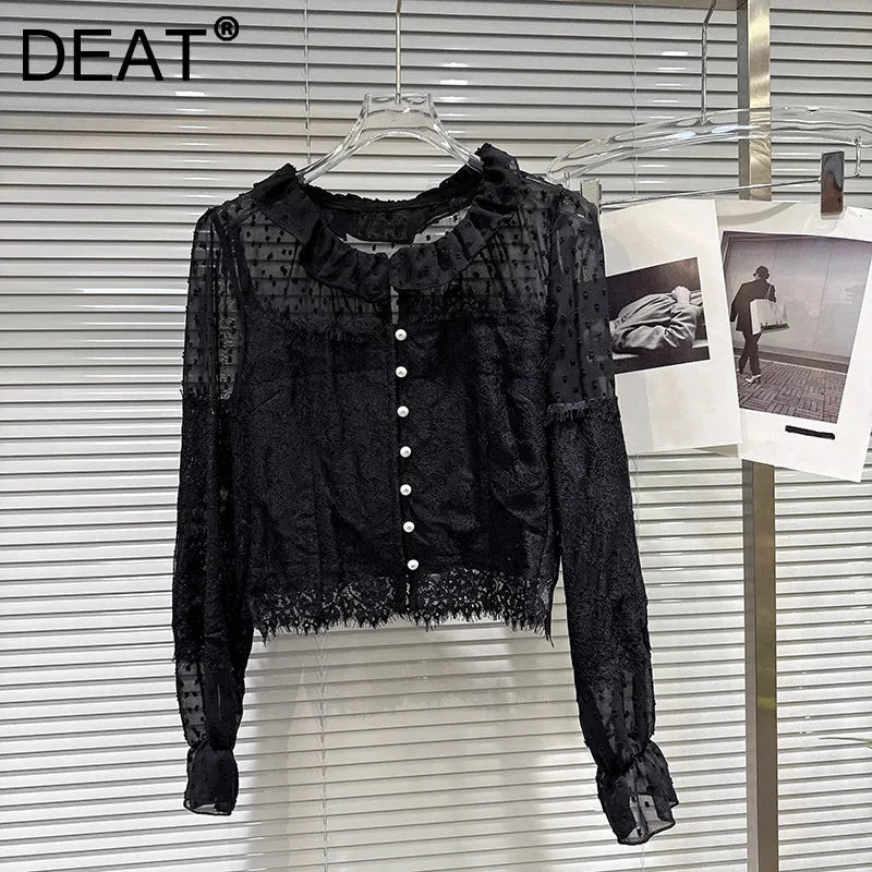 Winter New Fashion Sweet Pearl Button Patchwork Design Lace Blouse For Women Versatile Small Shirt Female 11A07895