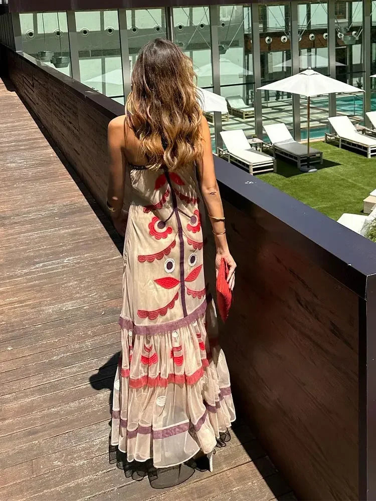 Elegant Print Mesh Ruffles Long Dress For Women Chic Spaghetti Strap Sleeveless Backless Vestidos Lady Holiday Party Robe