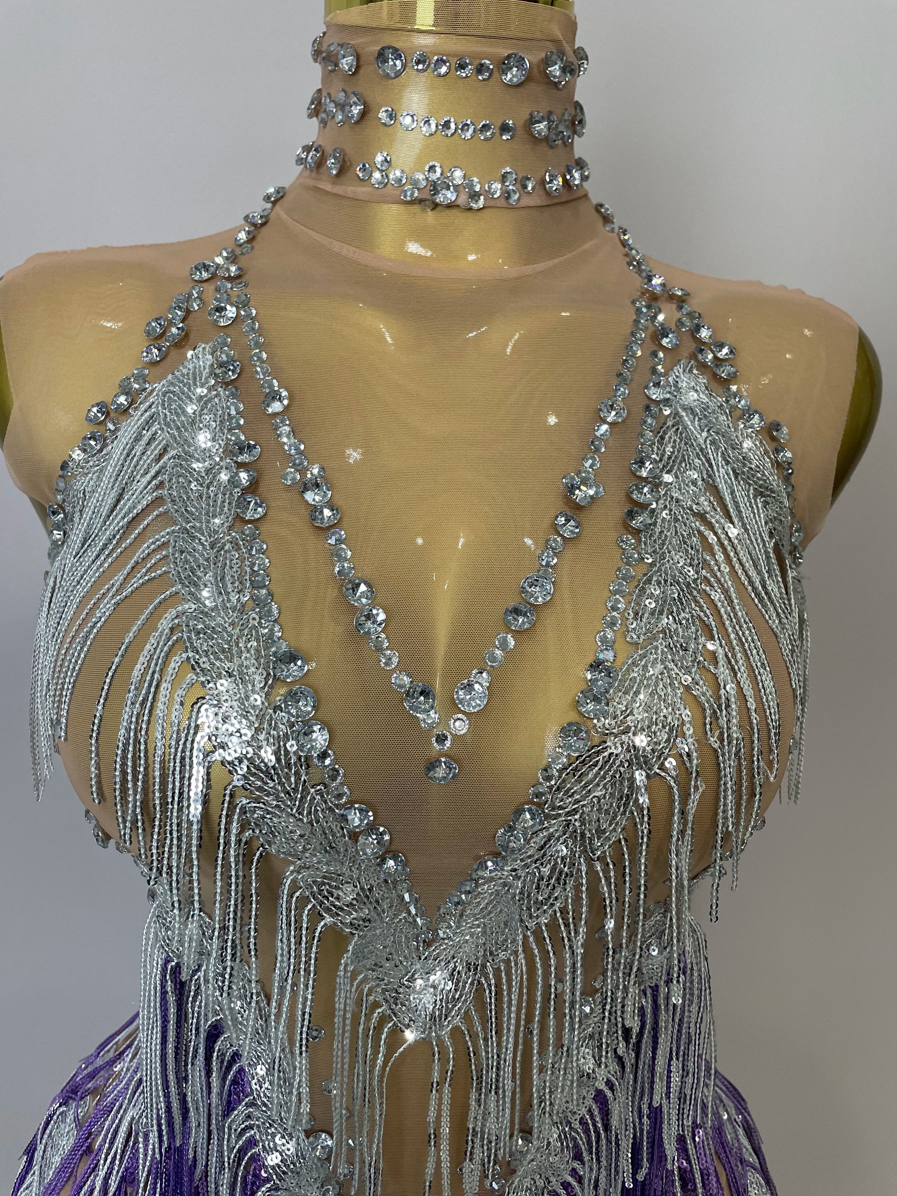 Stock 2025 Women Sexy Stretch Mesh Sparkly Rhinestone Tassels Mini Dress Nightclub Singer Dance Stage Costume Evening Gowns