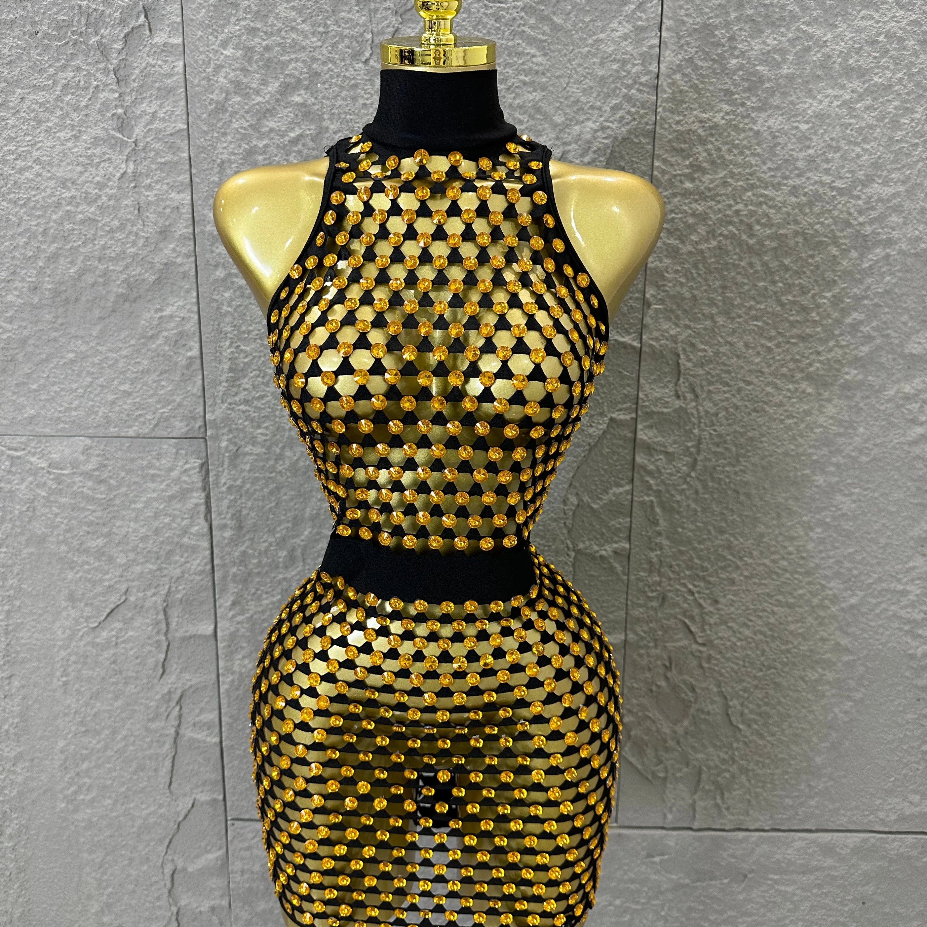 Luxury 2026 Glamorous Black Mesh Halter Mini Dress Sparkle Rhinestone Gold Silver Bead Bodycon Bar Stage Performance Costume Gold