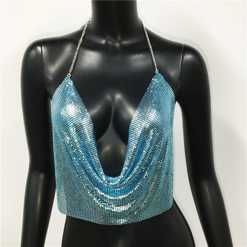 Women 2024 Sexy Metal Sequined Tank Camis Summer Gold Silver Backless Cropped Glitter Beach Club Show Wear Tank Tops sky blue 25 cm One Size