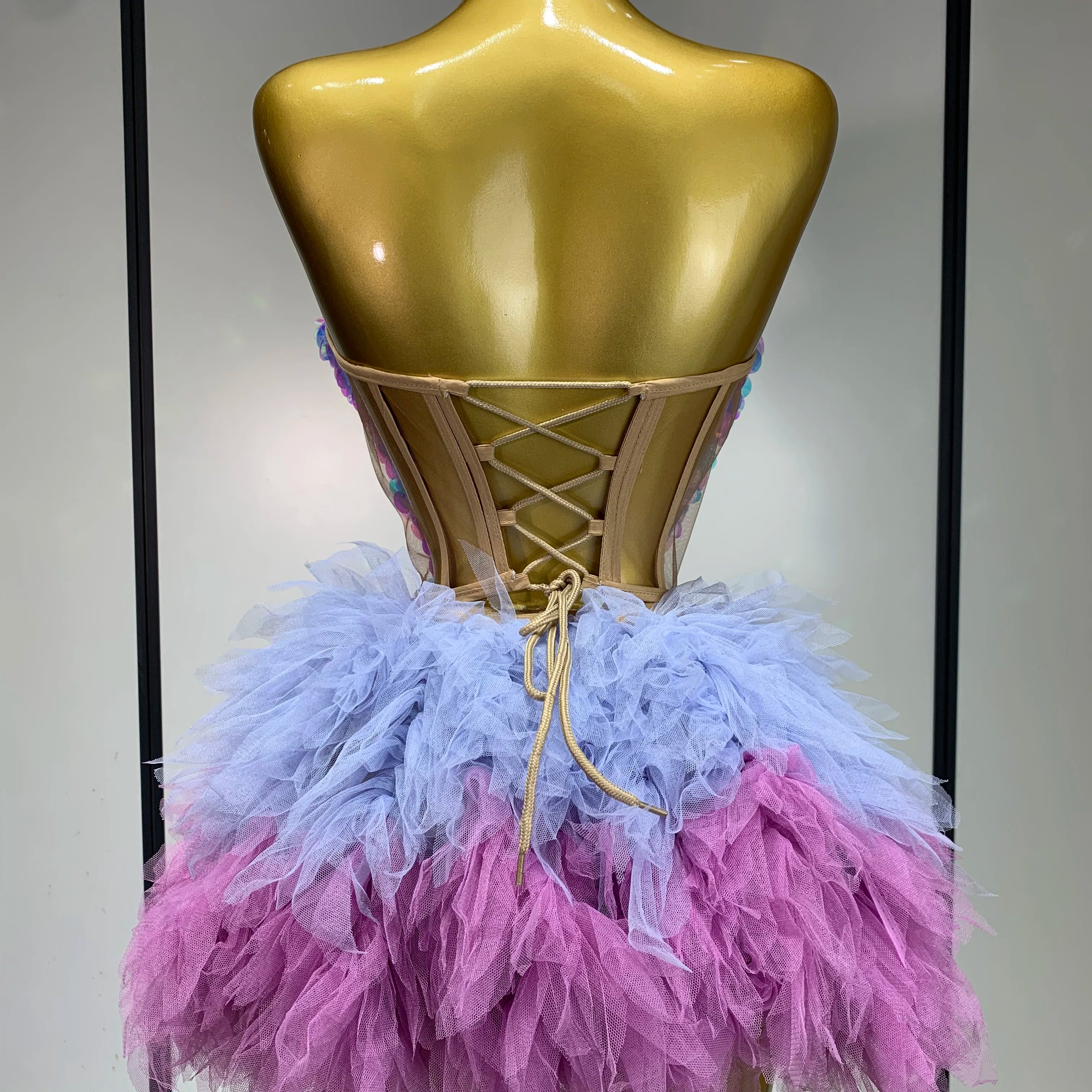 Sparkly Sequins Ruffles Two Pieces Set Sexy Backless Top Skirt Set Nightclub Performance Dance Dress Singer Stage Outfit