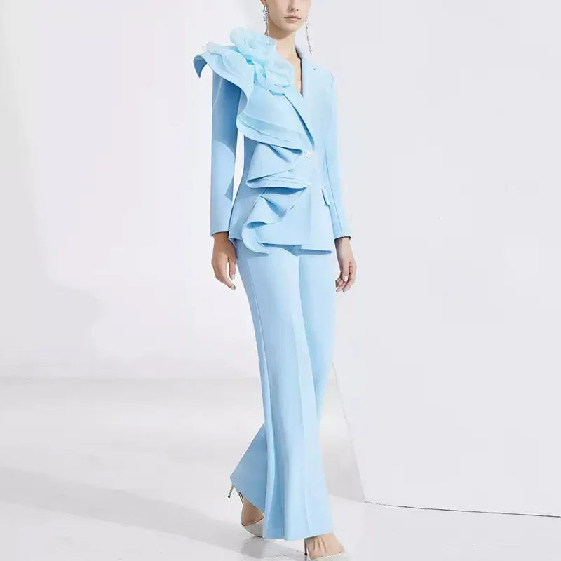 Solid Slimming Spliced AppliqueTwo Piece Set for Women Lapel Long Sleeves Patchwork Fold Top Pants Sets Female New