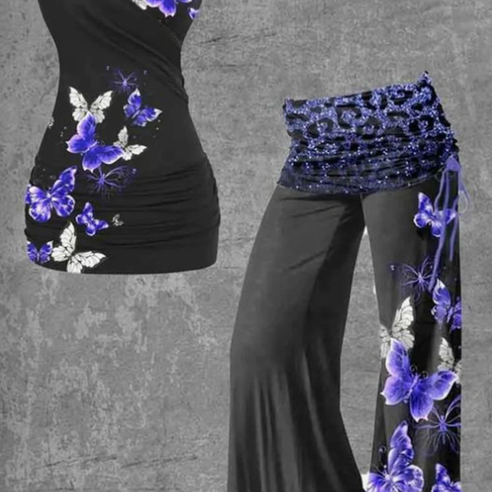 Women Plus Size Matching Set Hollow Out Butterfly Printed Backless Sexy Gothic Punk High Waist Flare Pant and Slim Tank Top Set