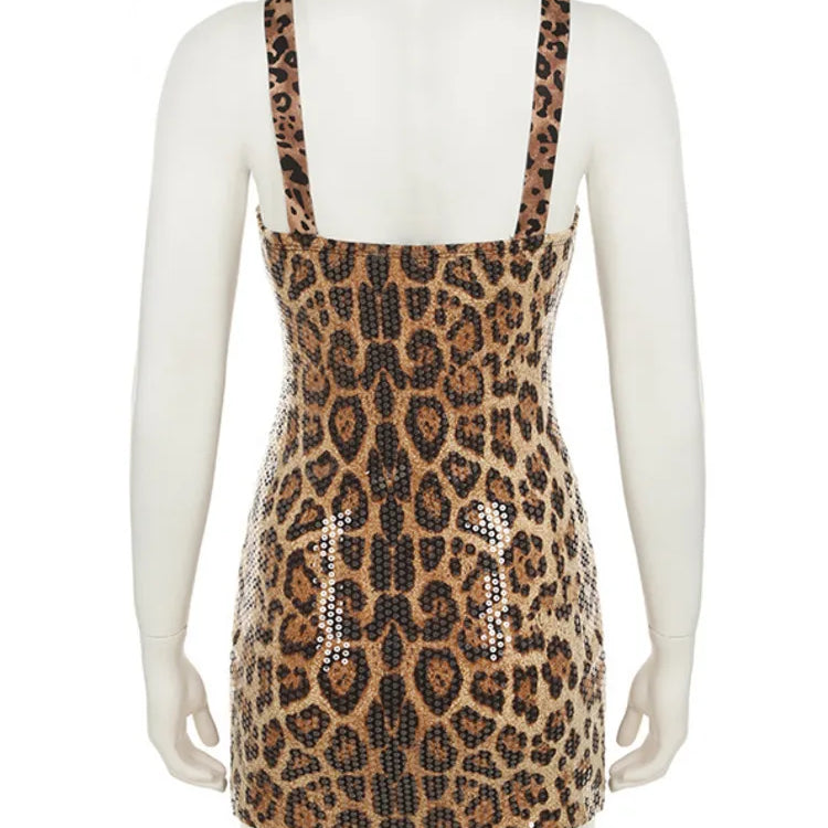 Sequins Leopard Print Sexy Mini Dress For Women Summer New Spaghetti Strap Sleeveless Backless Club Party Dress