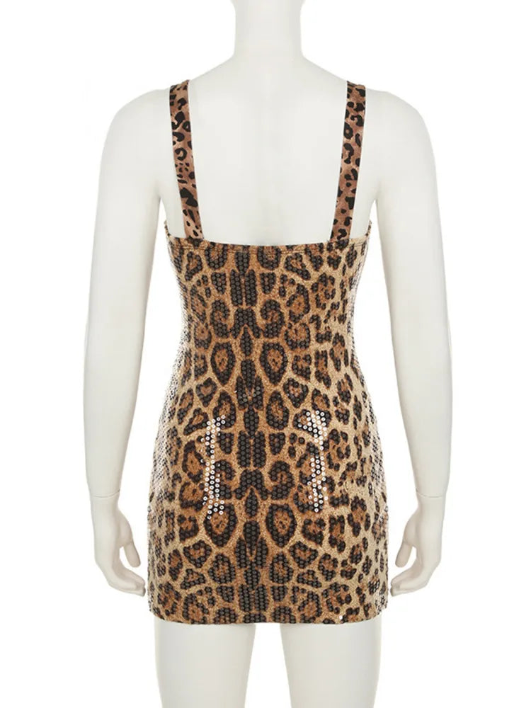 Sequins Leopard Print Sexy Mini Dress For Women Summer New Spaghetti Strap Sleeveless Backless Club Party Dress