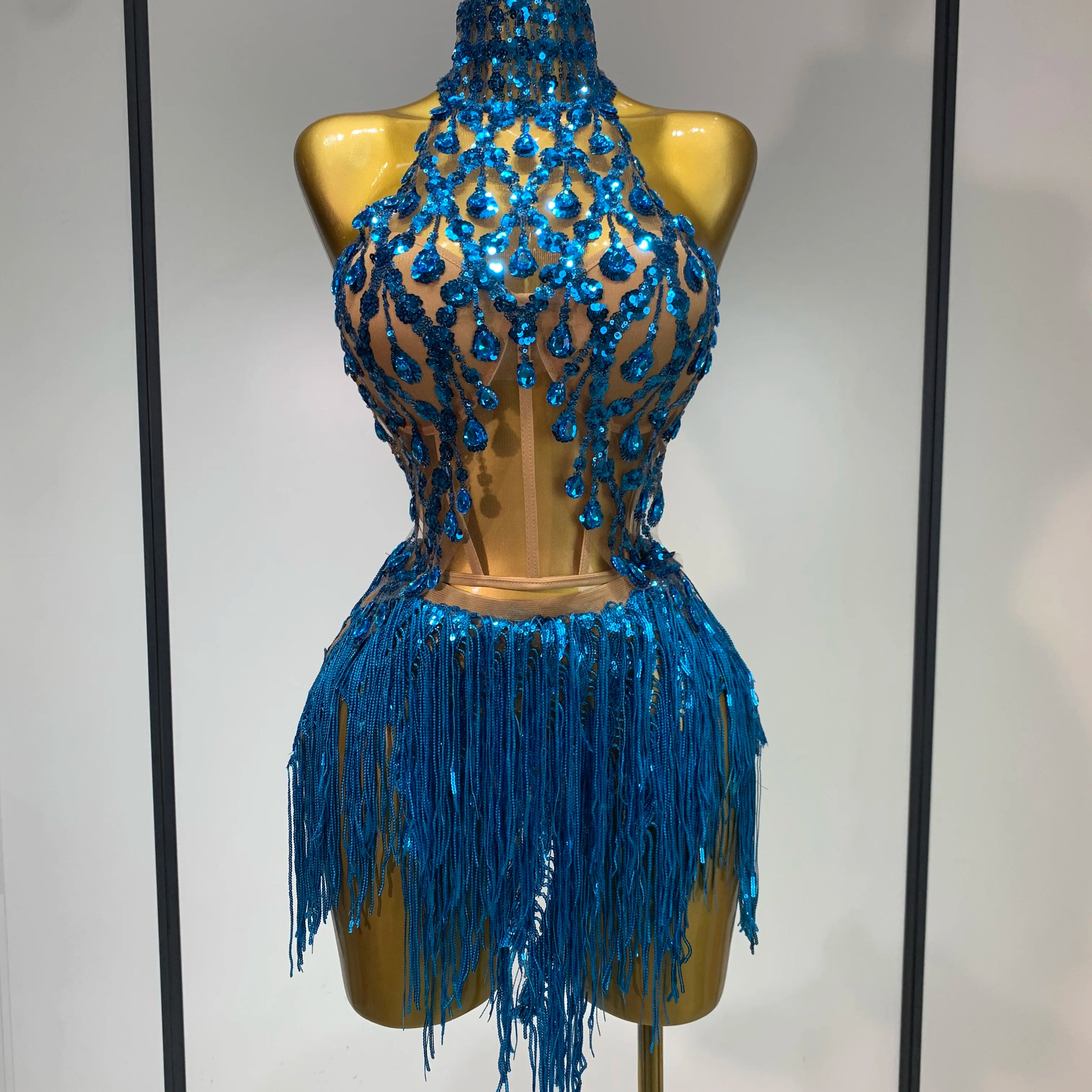 Women Sexy Shinning Rhinestone Tassels Two Pieces Set Nightclub Evening Party Birthday Bar Dancer Performance Stage Costume Blue