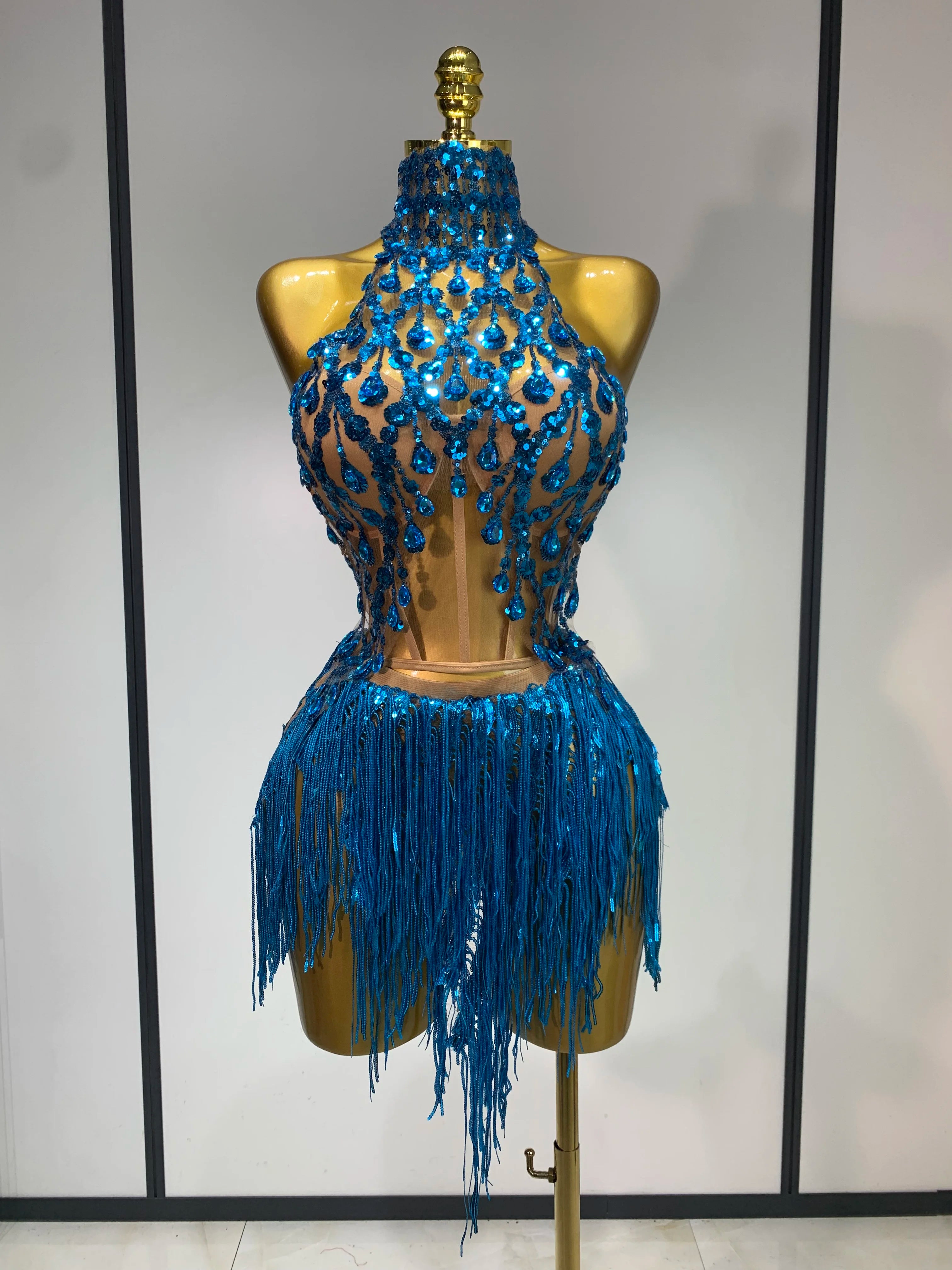 Women Sexy Sequins Rhinestone Glitter Two Pieces Sets 2025 Luxury Birthday Evening Party Nightclub Hotwife Singer Stage Outfit Blue