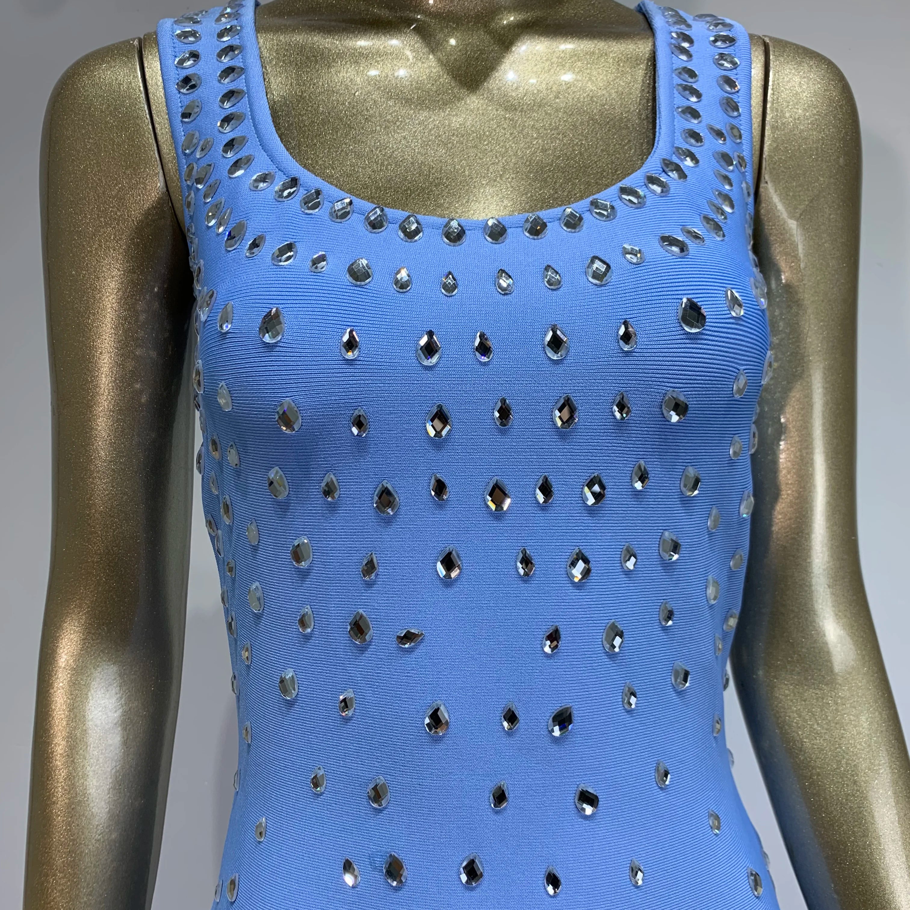 Women Celebrity Sexy Tank Studded Sky Blue Black Maxi Long Bodycon Bandage Dress 2024 Elegant Evening Club Party Outfit