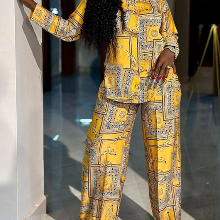 Plus Size VONDA Women Elegant Pant Sets 2025 Long Sleeve Printed Tops and Long Trousers Casual Streetwear Matching Sets Yellow