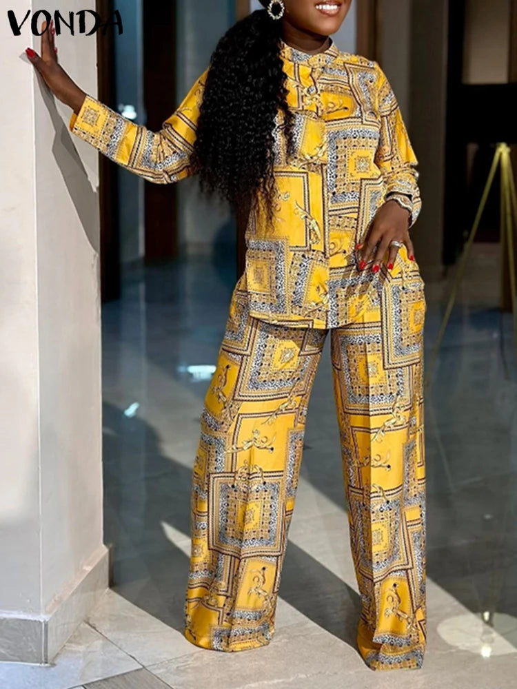 Plus Size VONDA Women Elegant Pant Sets 2025 Long Sleeve Printed Tops and Long Trousers Casual Streetwear Matching Sets Yellow