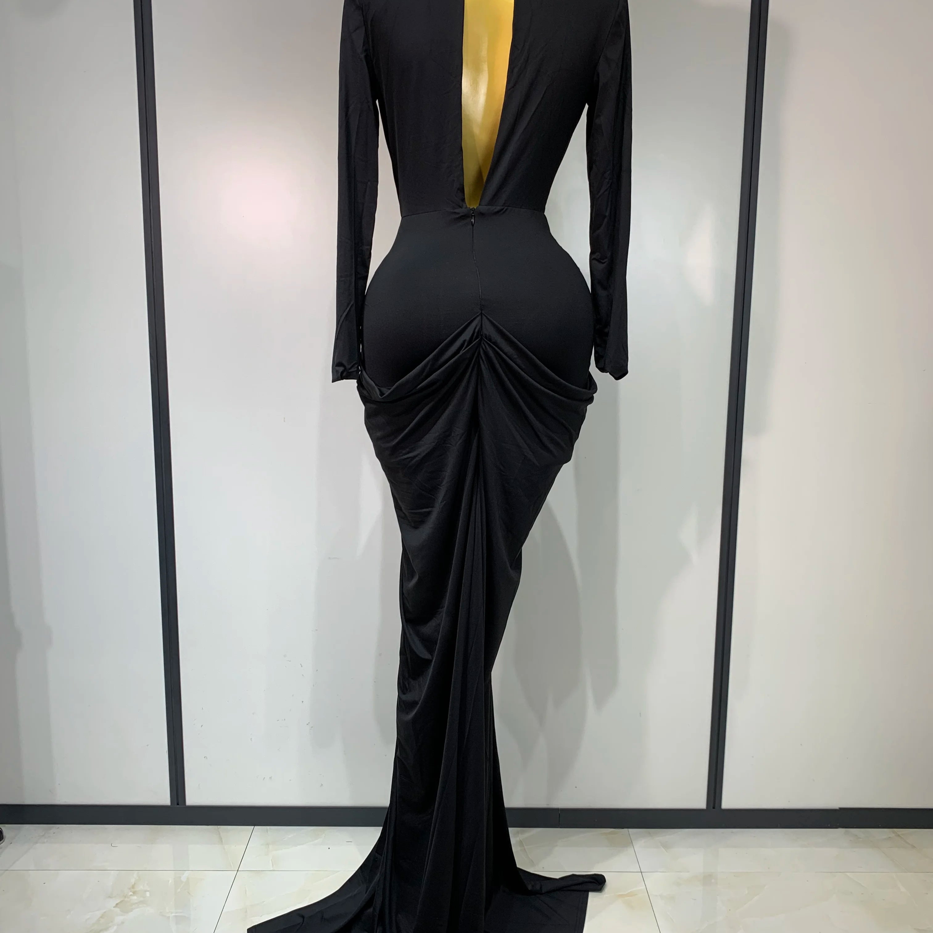Women Sexy Deep V-Neck Bead Long Sleeved Bodycon Prom Gowns Elegant Celebrity Evening Maxi Dress Luxury Birthday Dress Wedding