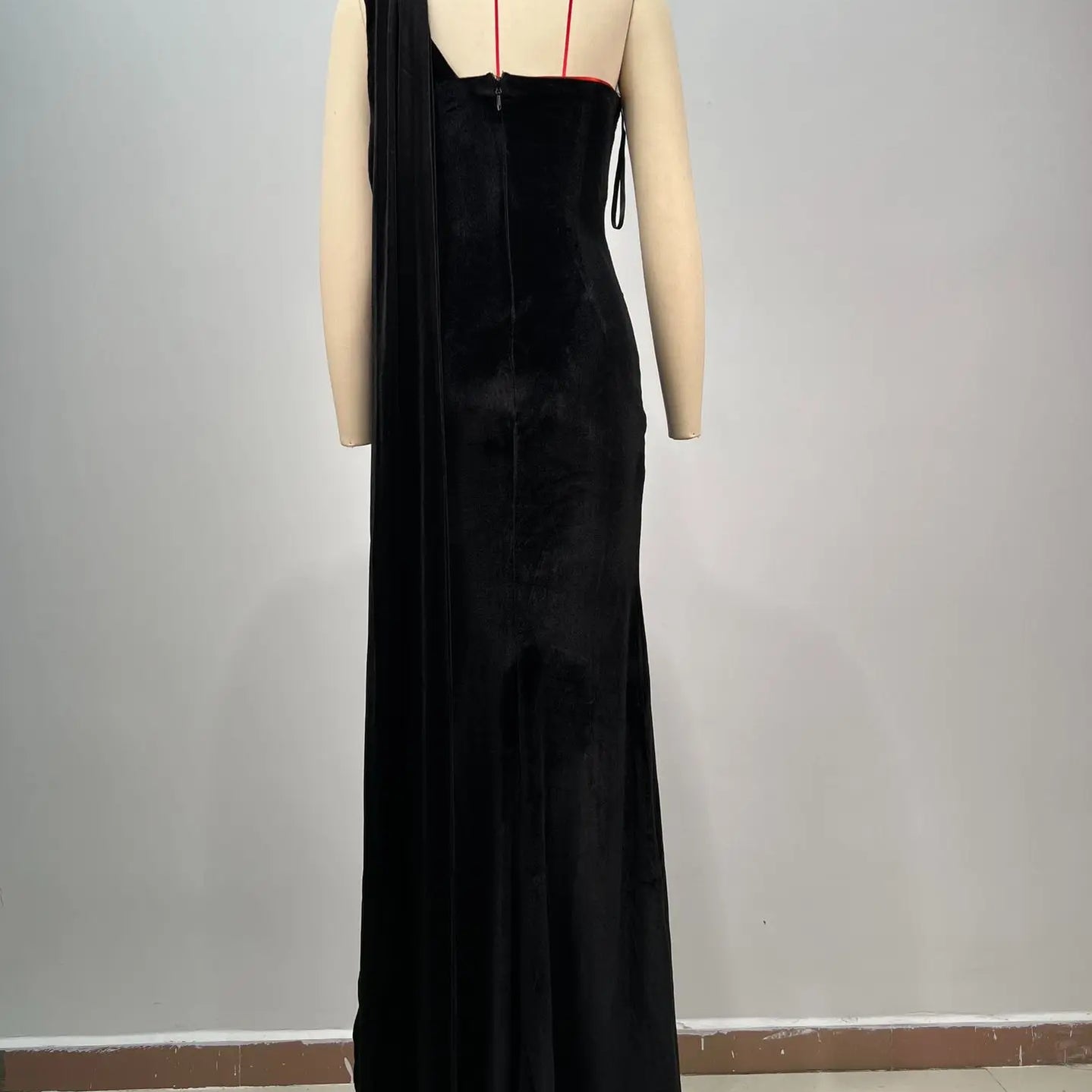 Luxury Diammonds High Slit One Shoulder Long Ribbon Velvet Strapless Floor Length Dress Celebrity Party Dress Birthday Vestido