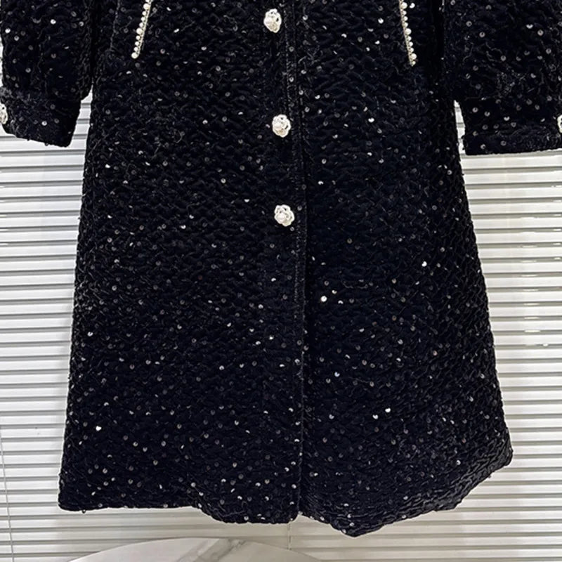 Winter New Elegant Temperament Pearl Edge Shawl With Belt Cotton Lined Trench Coat For Women Windbreaker 11A07739