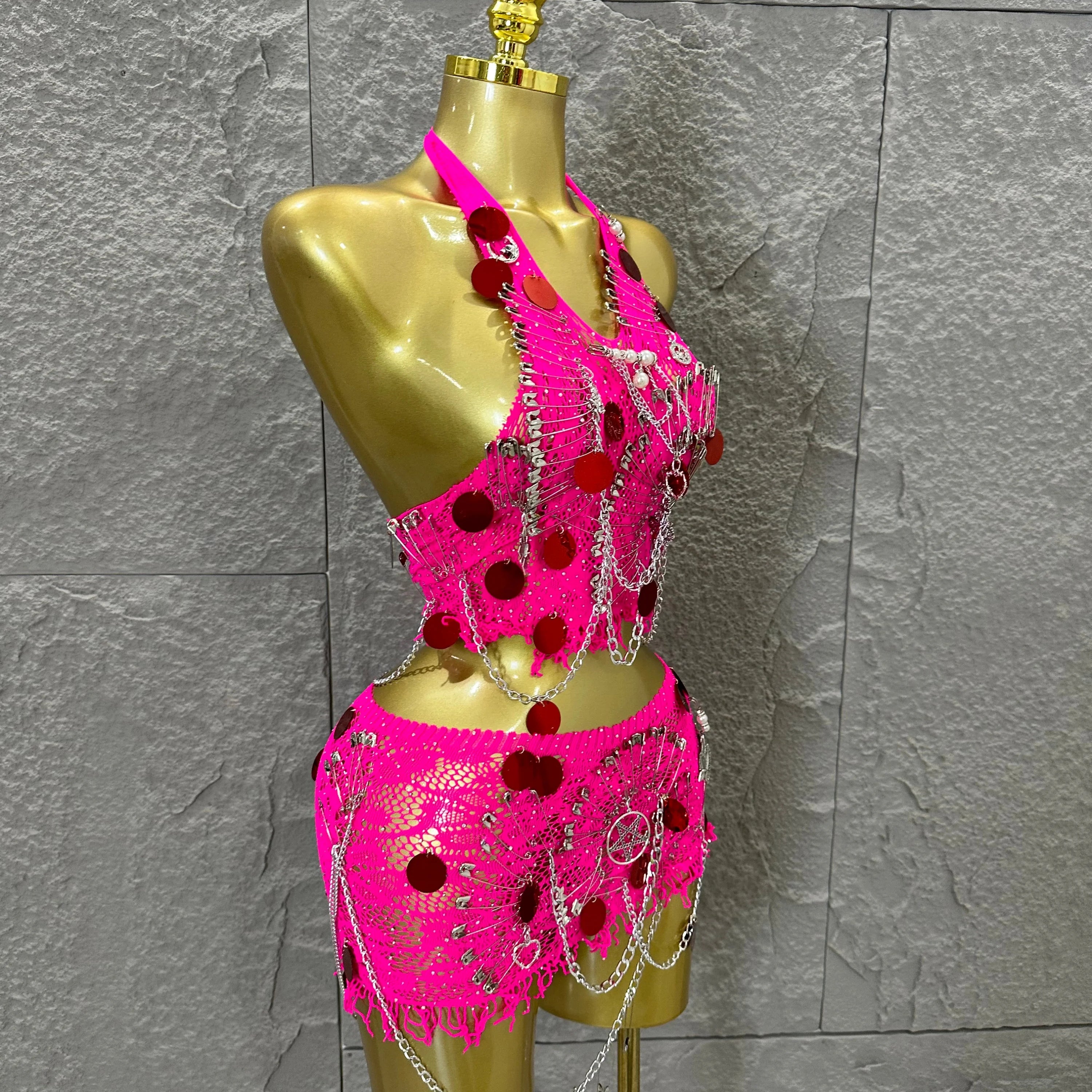 Women Sexy Safety Pin Lace Two Piece Set Halter Neck Sequin Embellished Crop Top & Mini Skirt Outfit Stage Performance Costume