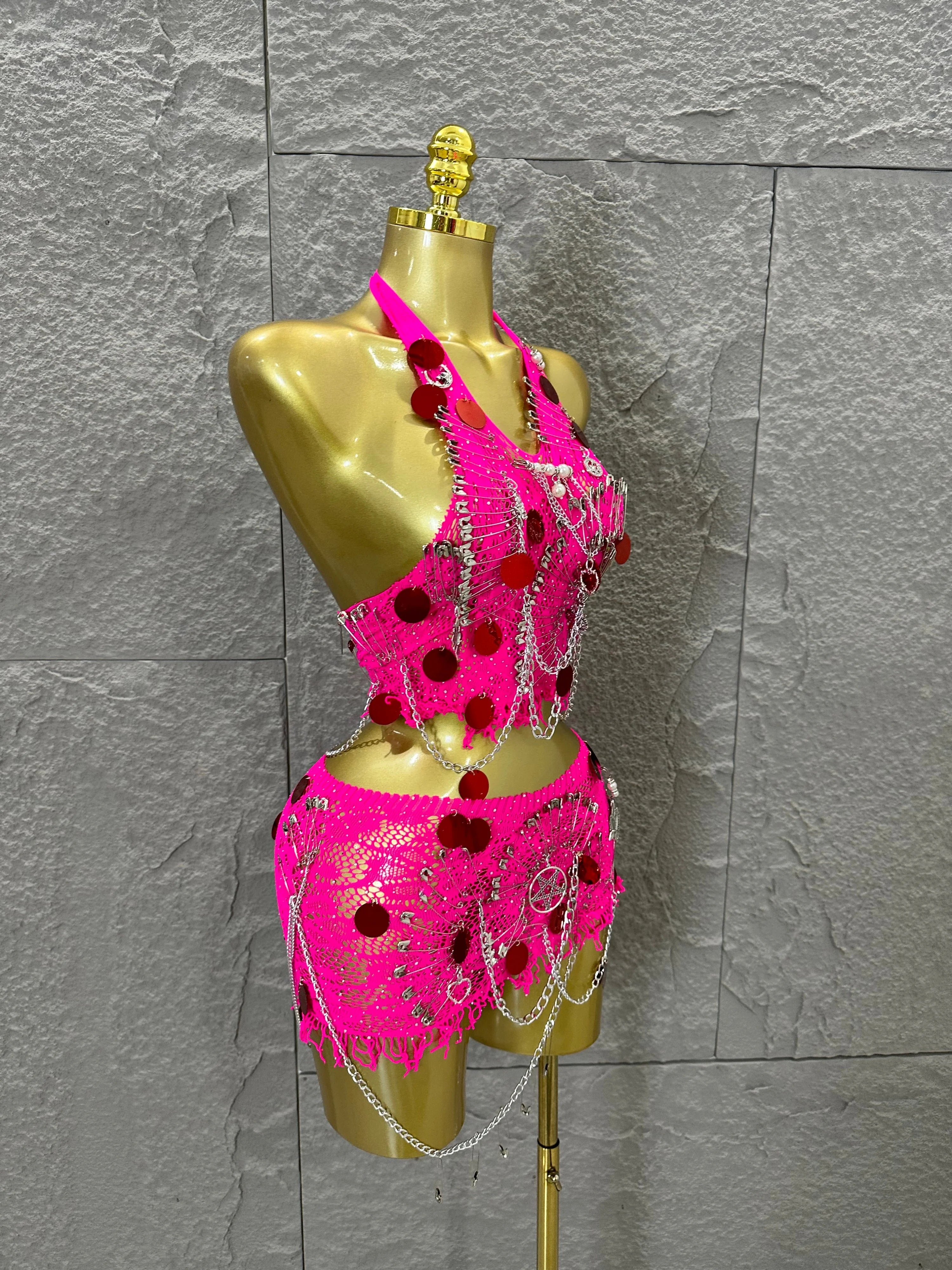 Women Sexy Safety Pin Lace Two Piece Set Halter Neck Sequin Embellished Crop Top & Mini Skirt Outfit Stage Performance Costume