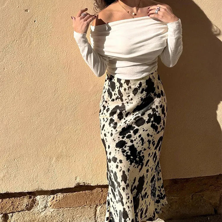 TRAFZA Spring Women Fashion Skirts Trend Printing Slim Long Skirt Woman With Folds Versatile High Street Female Skirts