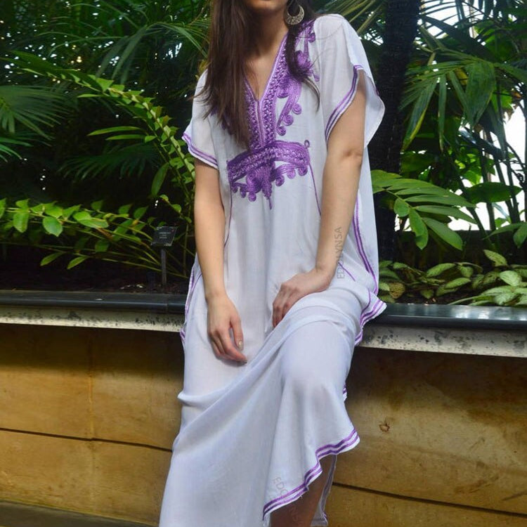 Plus Size Kaftan Tunic Beach Dress Swim Wear Bathing Suit Cover Up 660-White One Size