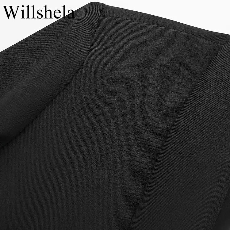 Willshela Women Fashion Satin Black With Feather Blazer Jacket Vintage Notched Neck Single Button Long Sleeves Female Outfits