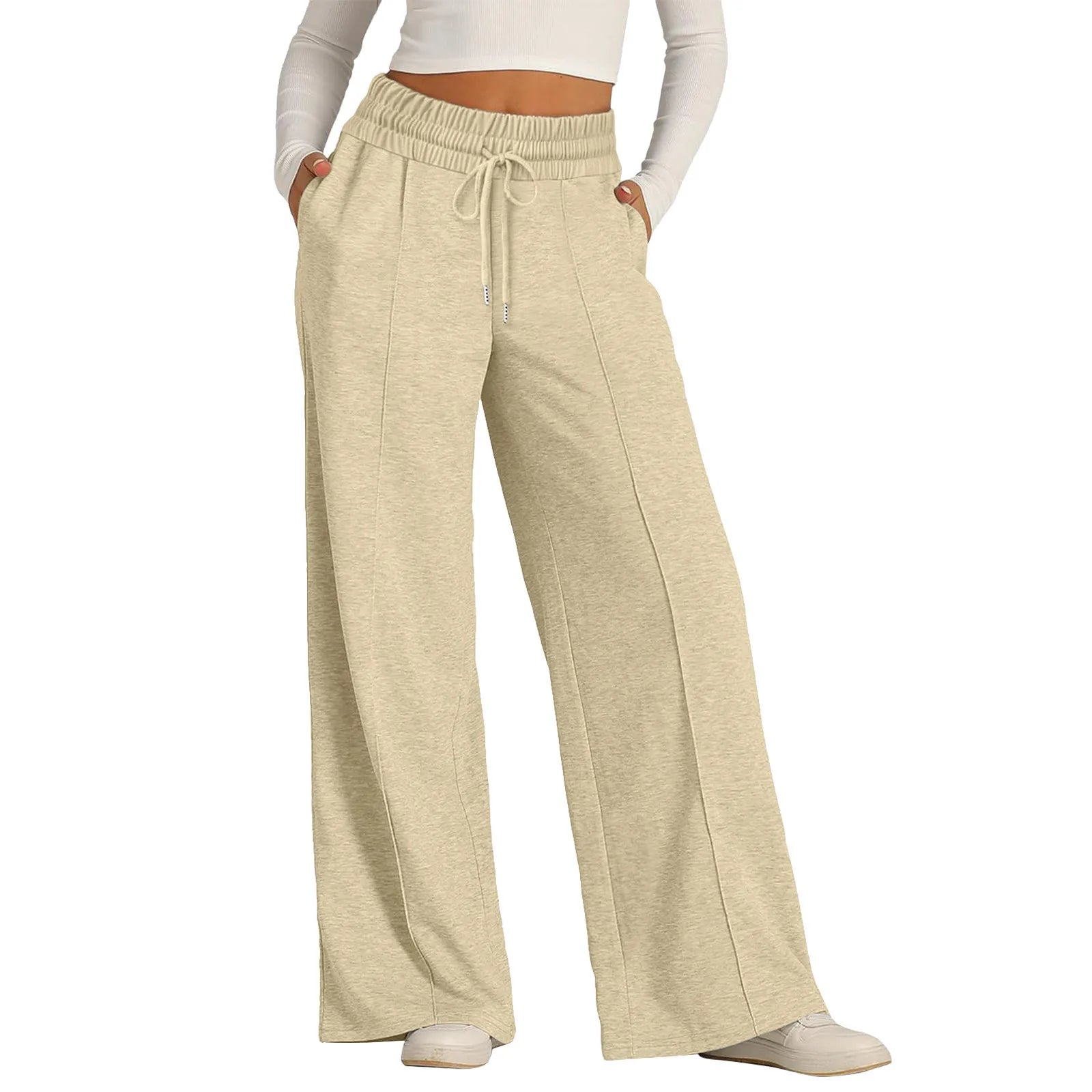 Women Oversized Wide Leg Pants Lightweight Sweatpants Elastic Drawstring Straight Leg Trousers High Waist Baggy Casual Pants Khaki
