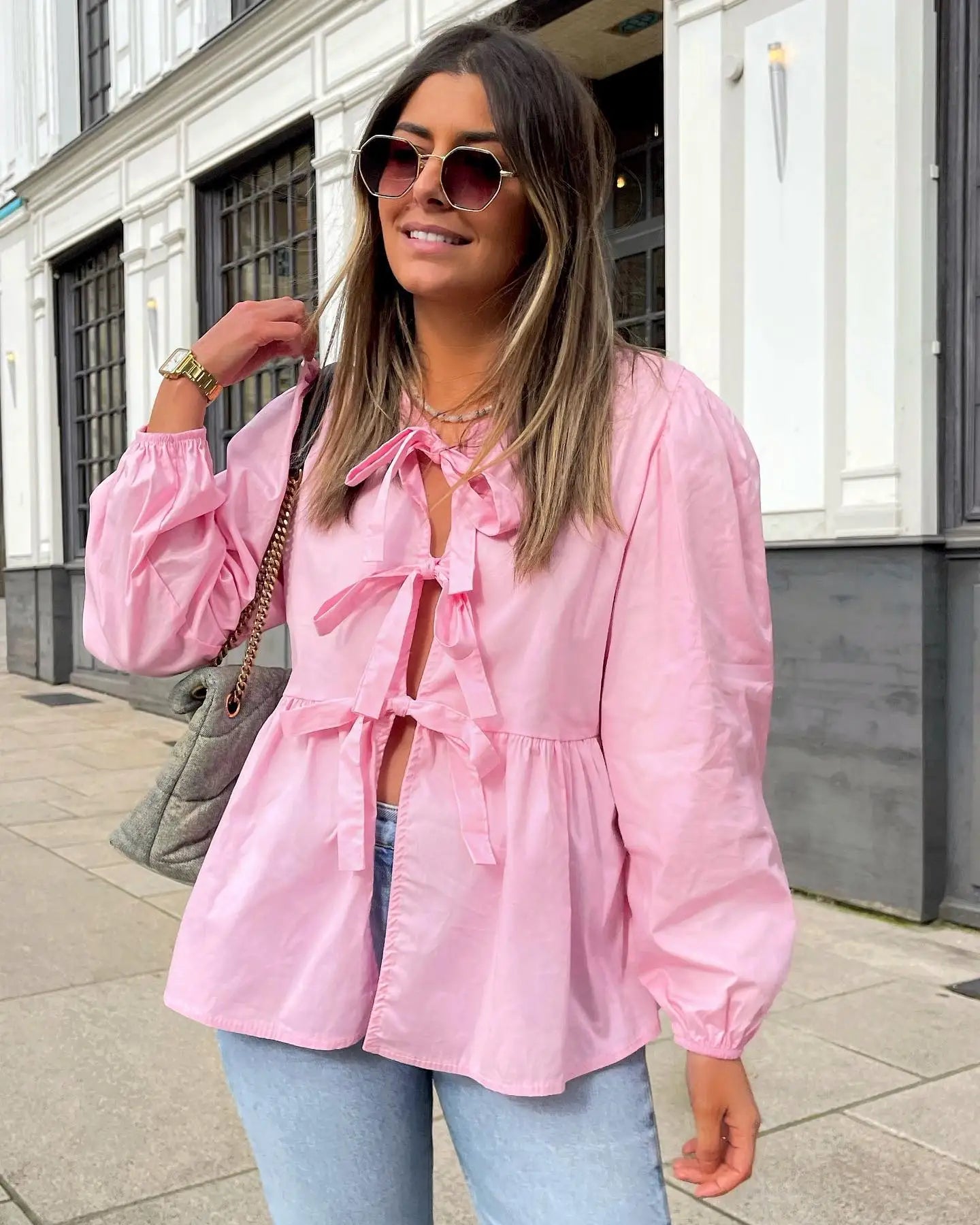 Bow Tied Lace Up Shirt Women Pleats Office Puff Sleeve Female Chic Slim Solid Tops Summer Sweet Lady V Neck Tops long sleeve pink