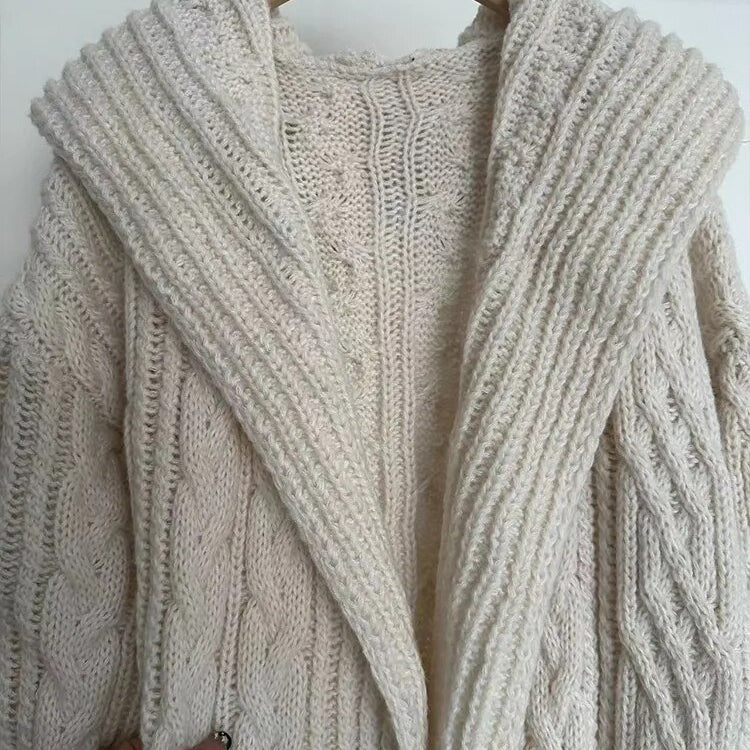 ZA-2024 new autumn and winter women's hooded eight-strand knitted jacket fashionable long cardigan jacket