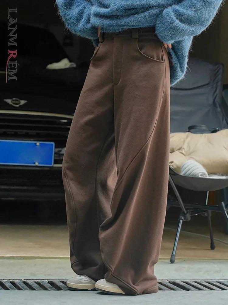 [LANMREM] Vintage Spliced Design Pants For Women High Waist Wideleg Trousers Thicking Warm Clothing Spring New 26D6432