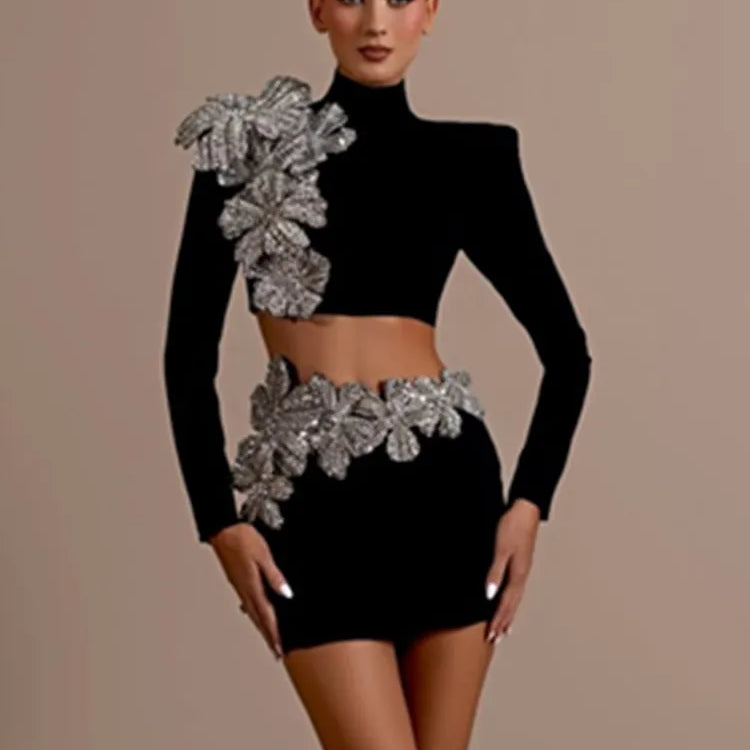 Women Sexy Long Sleeve Flower Diamonds Black Mini Two Pieces Skirt Bandage Set 2025 Celebrity Designer Fashion Women's Set black
