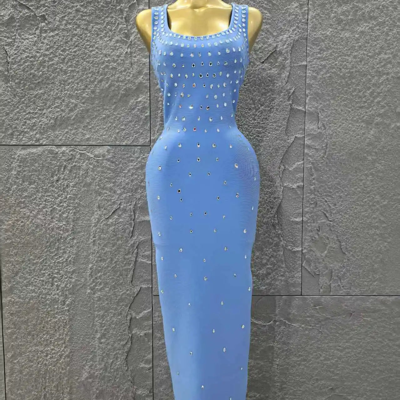 Skyblue Color Women Sleeveless O-Neck Shinning Crystal Bodycon Long Bandage Dress Celebrate Evening Party Birthday Outfit MULTI