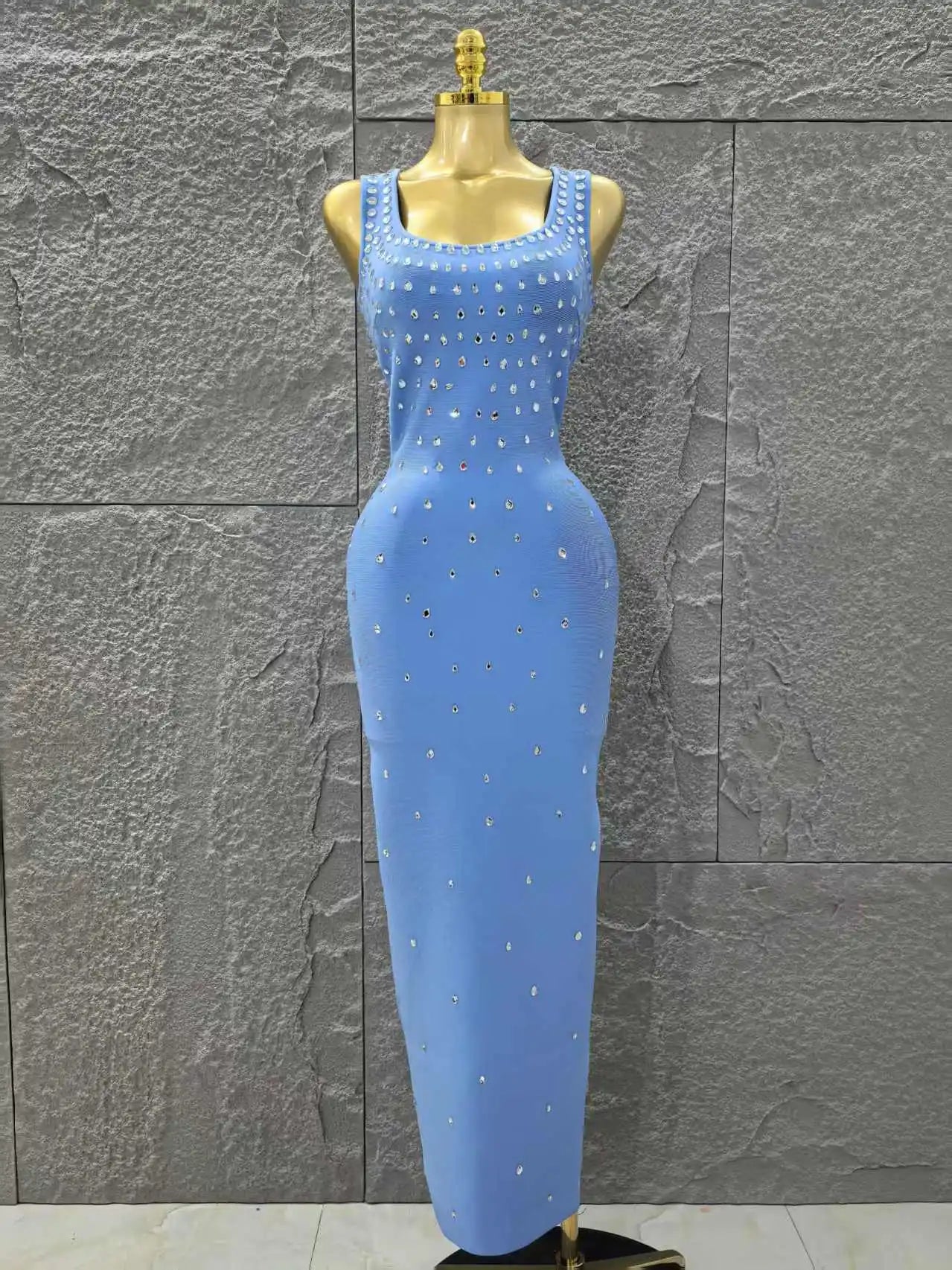 Skyblue Color Women Sleeveless O-Neck Shinning Crystal Bodycon Long Bandage Dress Celebrate Evening Party Birthday Outfit MULTI